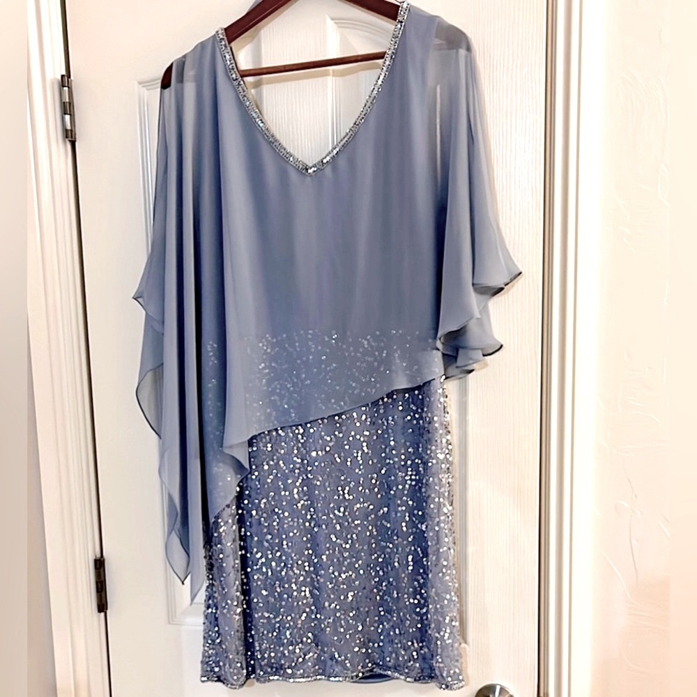 J Kara Light Blue Sequin Gown with V-Neck